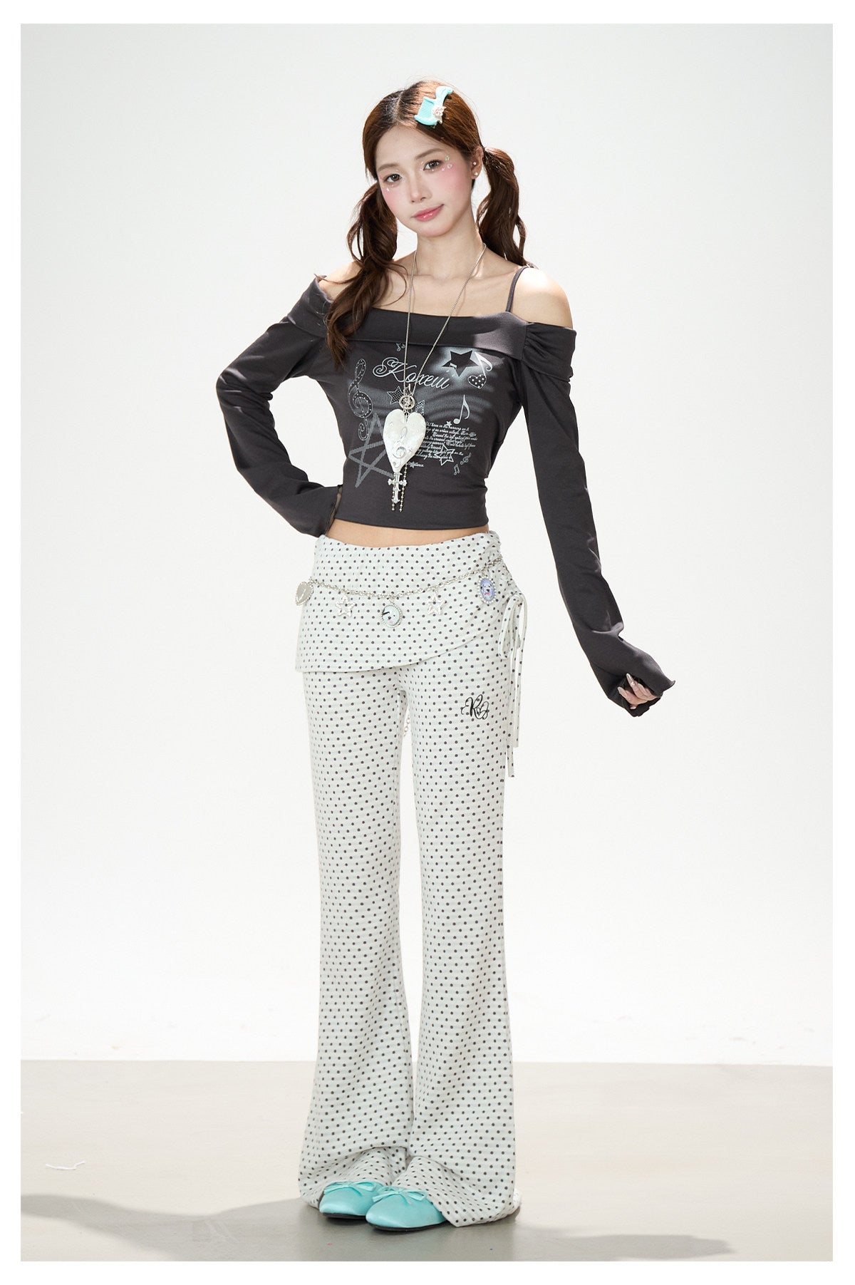 Polka Dot Ruffle Overlay Flare Sweatpants