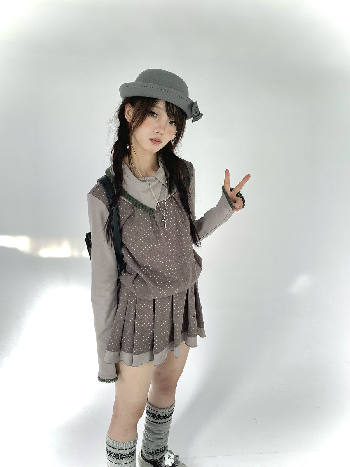 Gray Khaki Polka Dot Faux-Layer Pleated Mini Dress