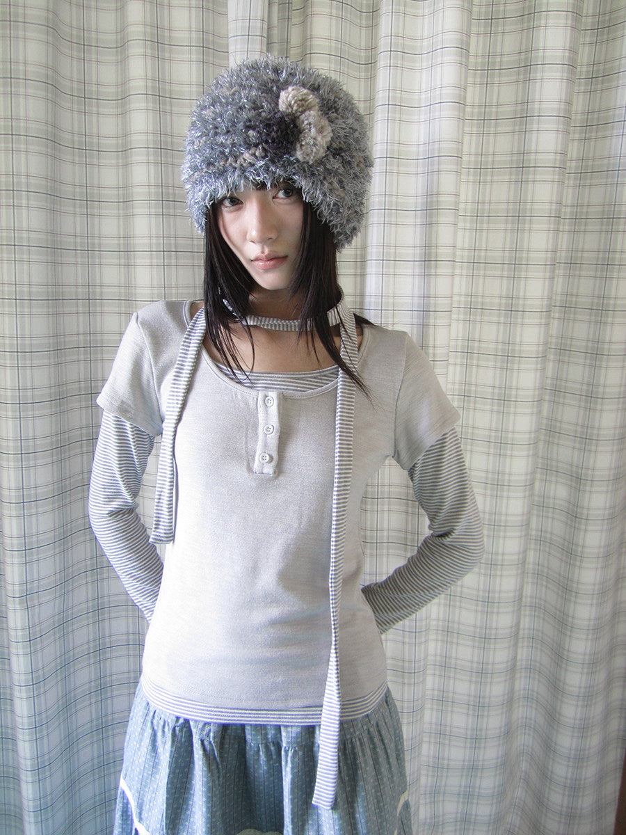 Striped Layered Scarf Henley Long Sleeve Top
