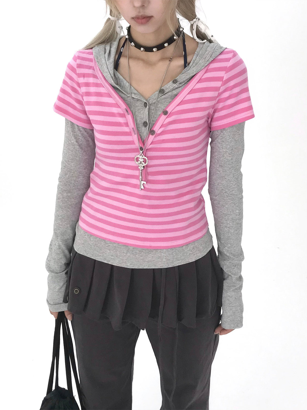 Striped Faux-Layered Hooded Long Sleeve Top