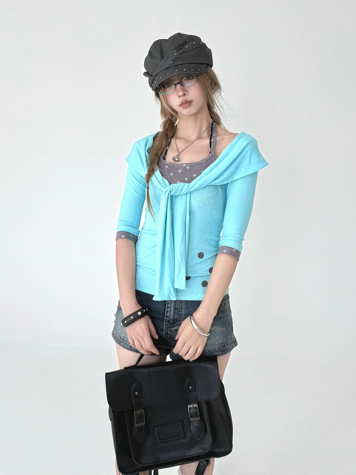 Aqua Tie-Front Faux Layered Henley Top