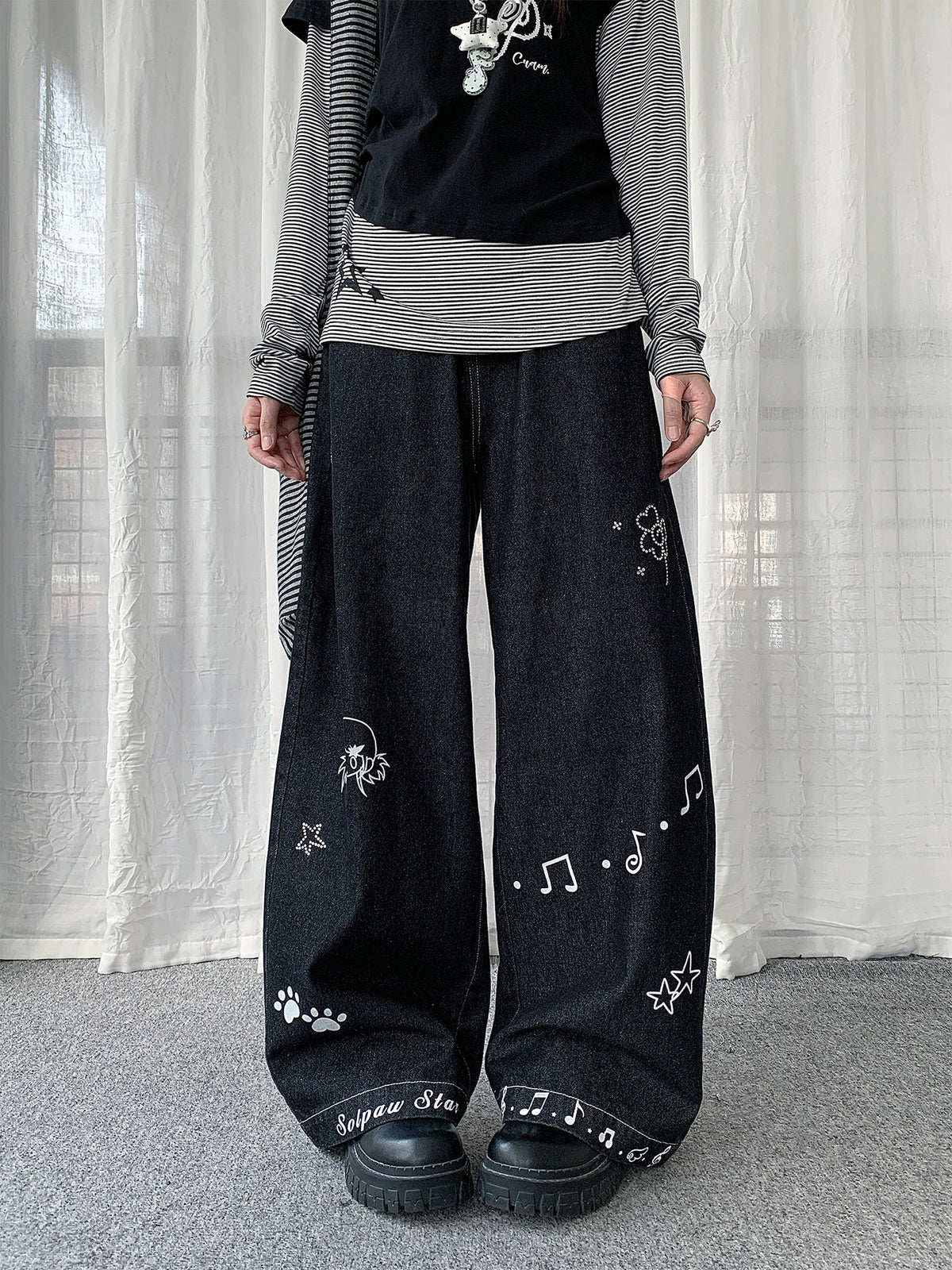 Star Music Note Wide-Leg Denim Jeans