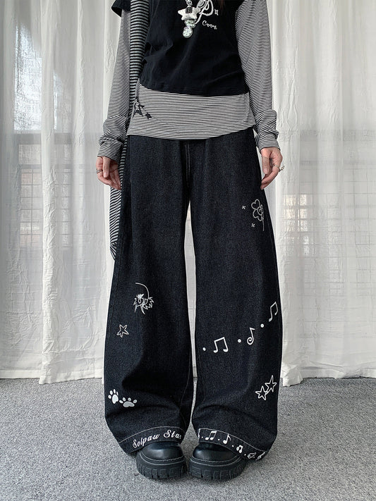 Star Music Note Wide-Leg Denim Jeans