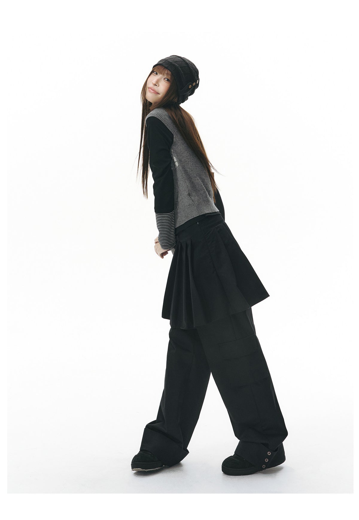 Pleated Skirt-Overlay Cargo Wide-Leg Pants