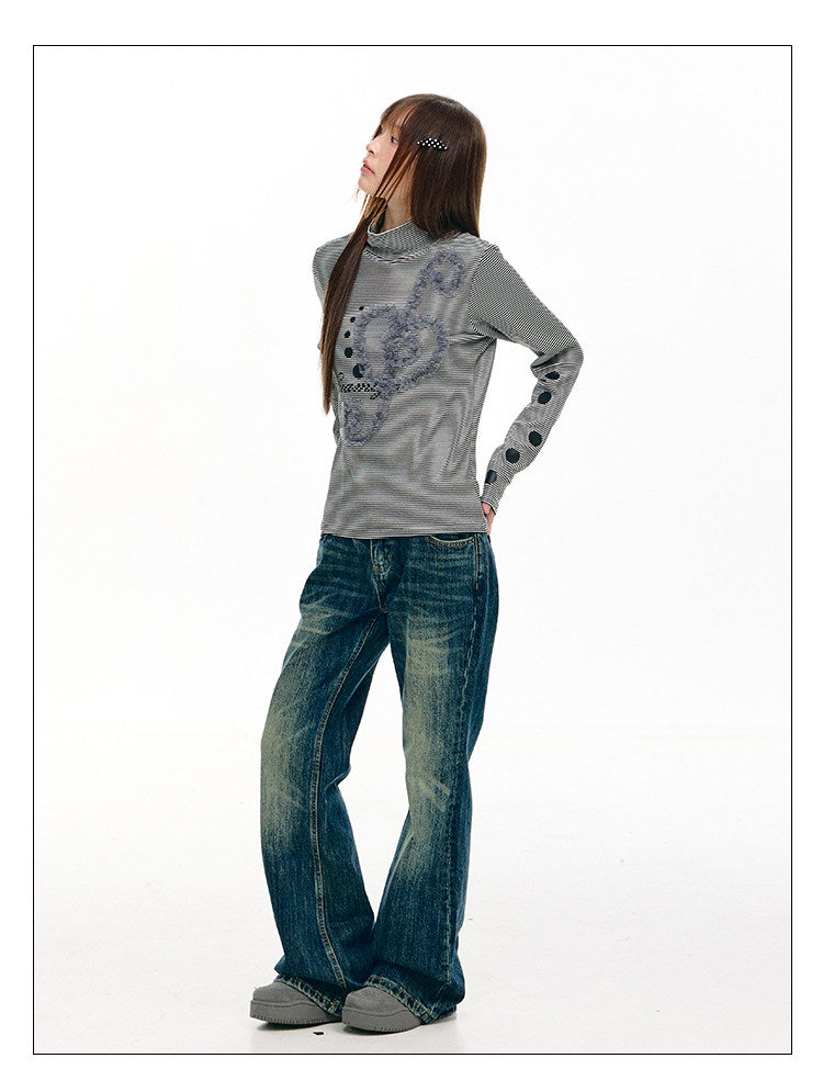 Lace Music Note Appliqué Mock Neck Long Sleeve Top
