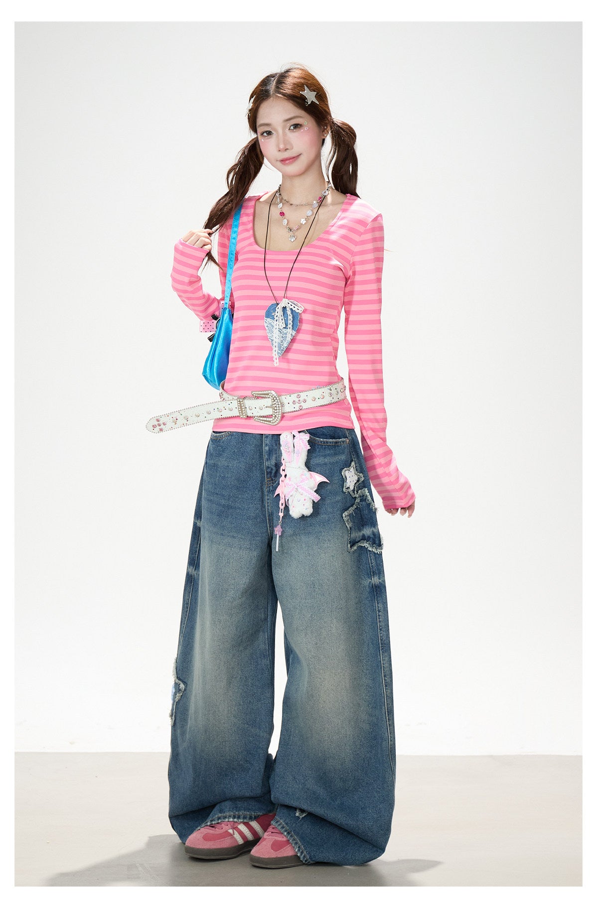 Pink Stripe U-Neck Long Sleeve Top & Star Patch Wide-Leg Jeans