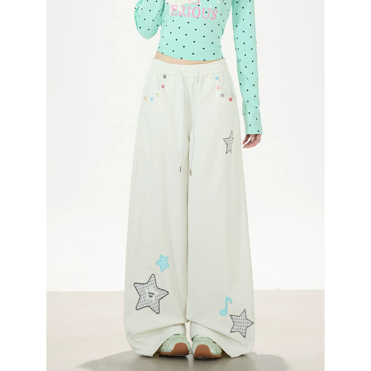 Polka-Dot V-Neck Long Sleeve Top & Star Music Note Wide-Leg Pants