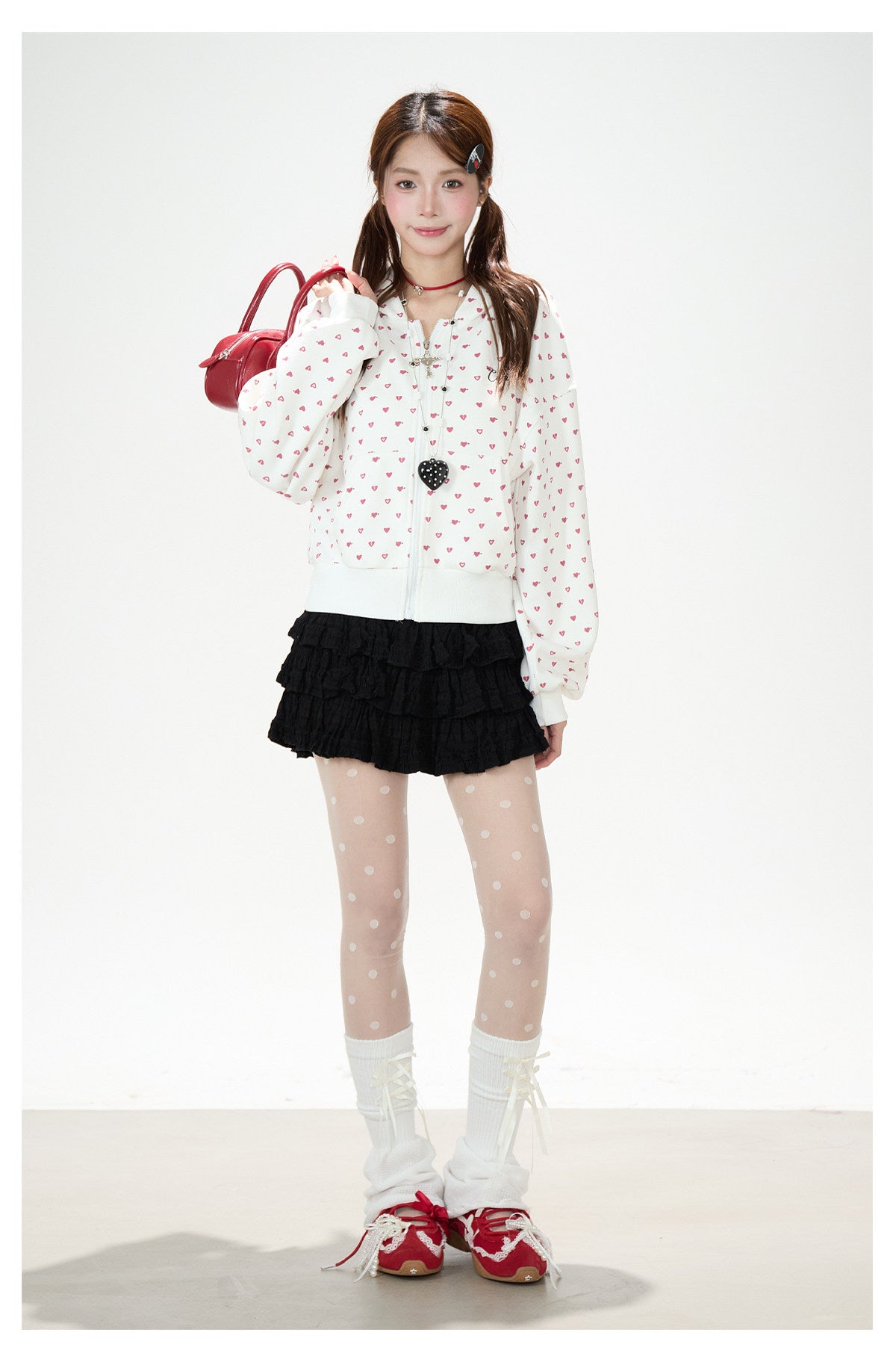 Heart Print Zip-Up Hoodie & Black Tiered Ruffle Mini Skirt