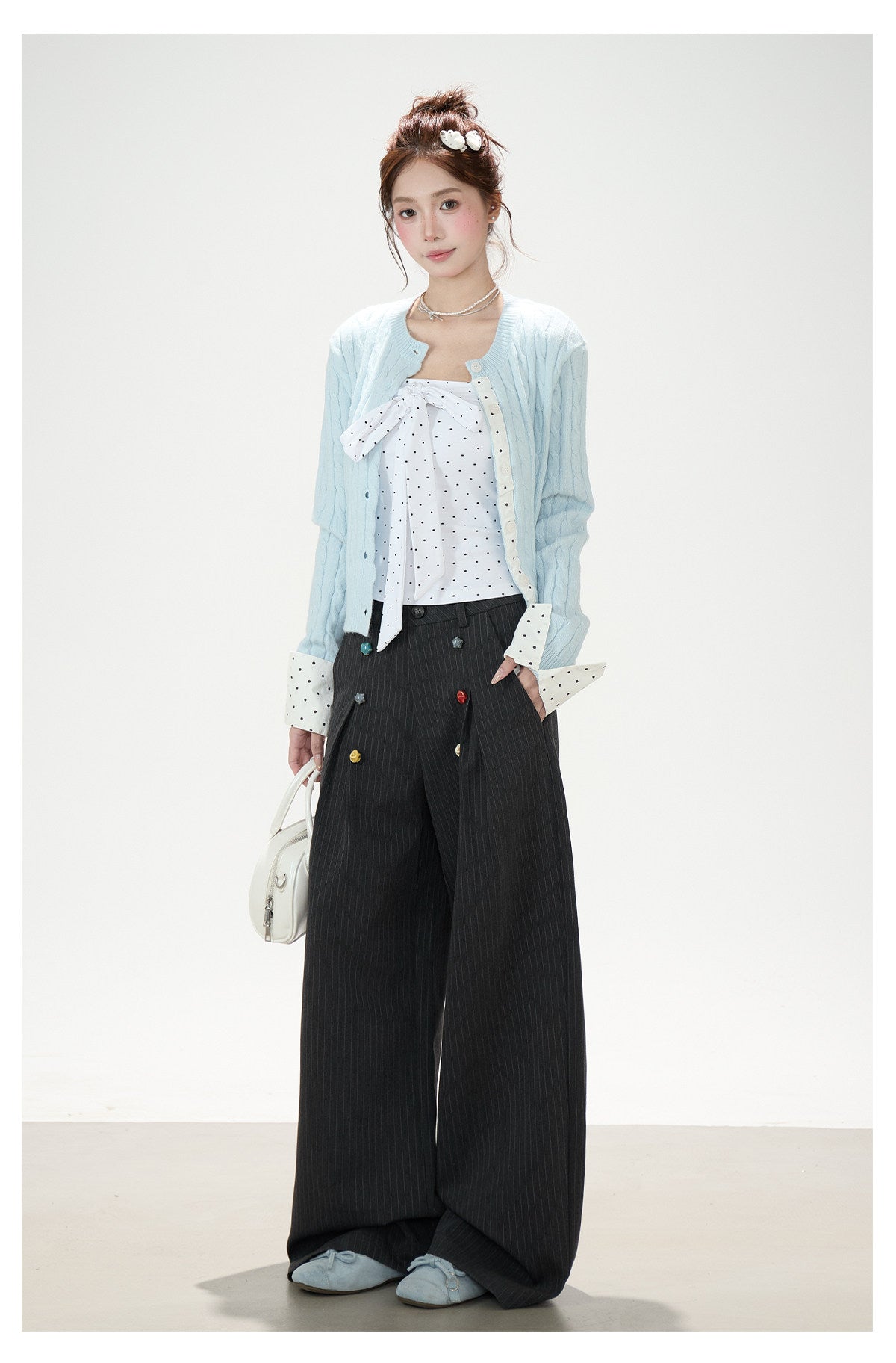 Polka-Dot Bow Knit Cardigan & Black Pinstripe Wide-Leg Pants