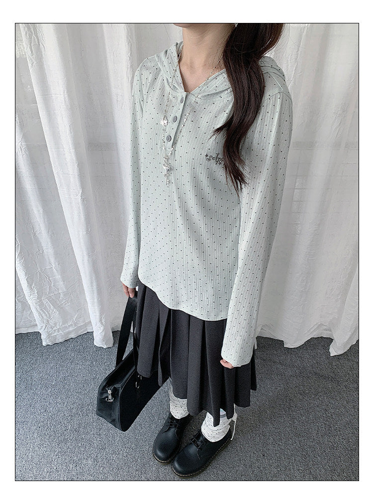Polka Dot Henley Hooded Long Sleeve Top
