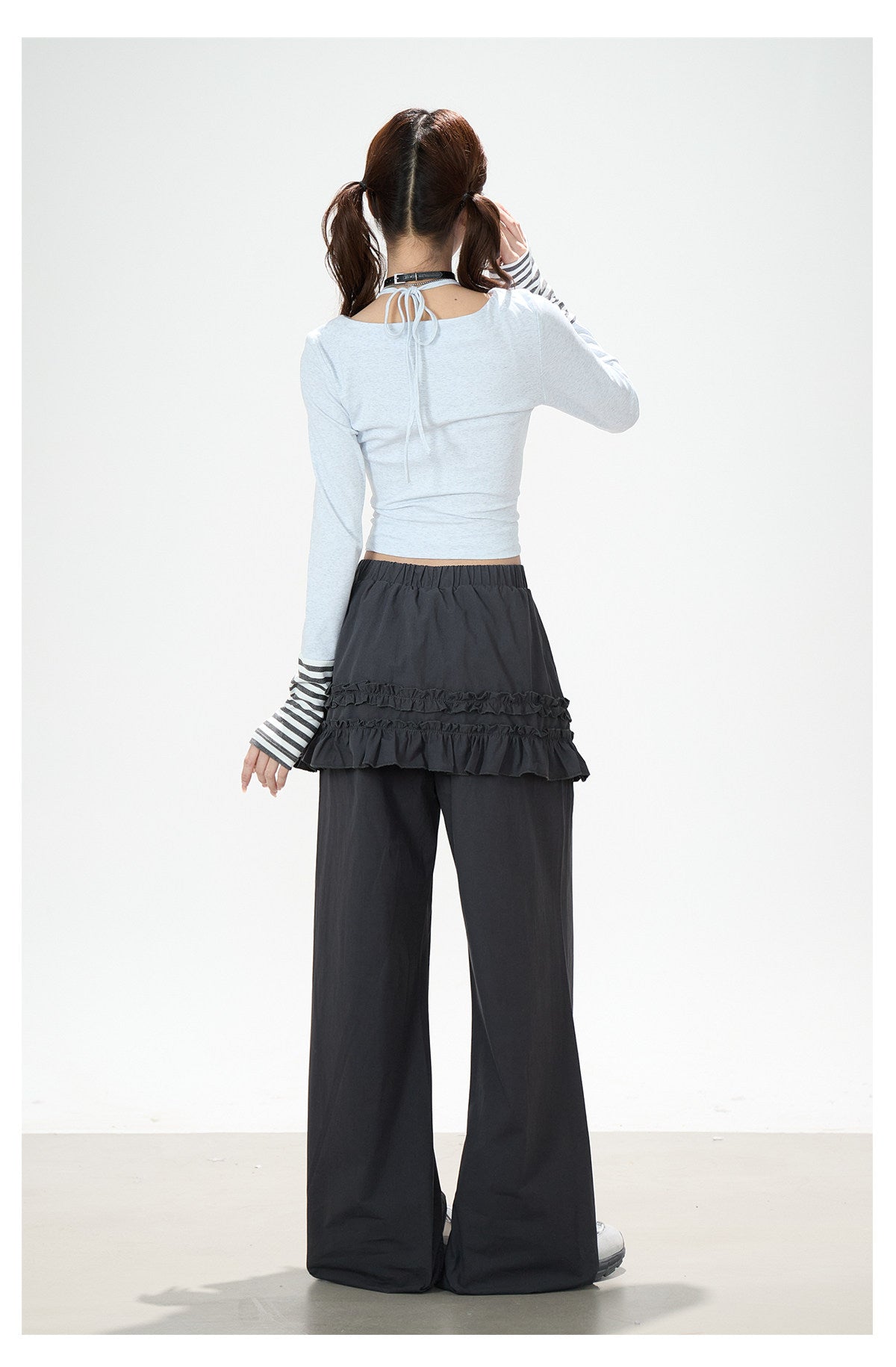 Music Note Bow Stripe-Cuff Long Sleeve Top & Ruffle Overlay Wide-Leg Pants