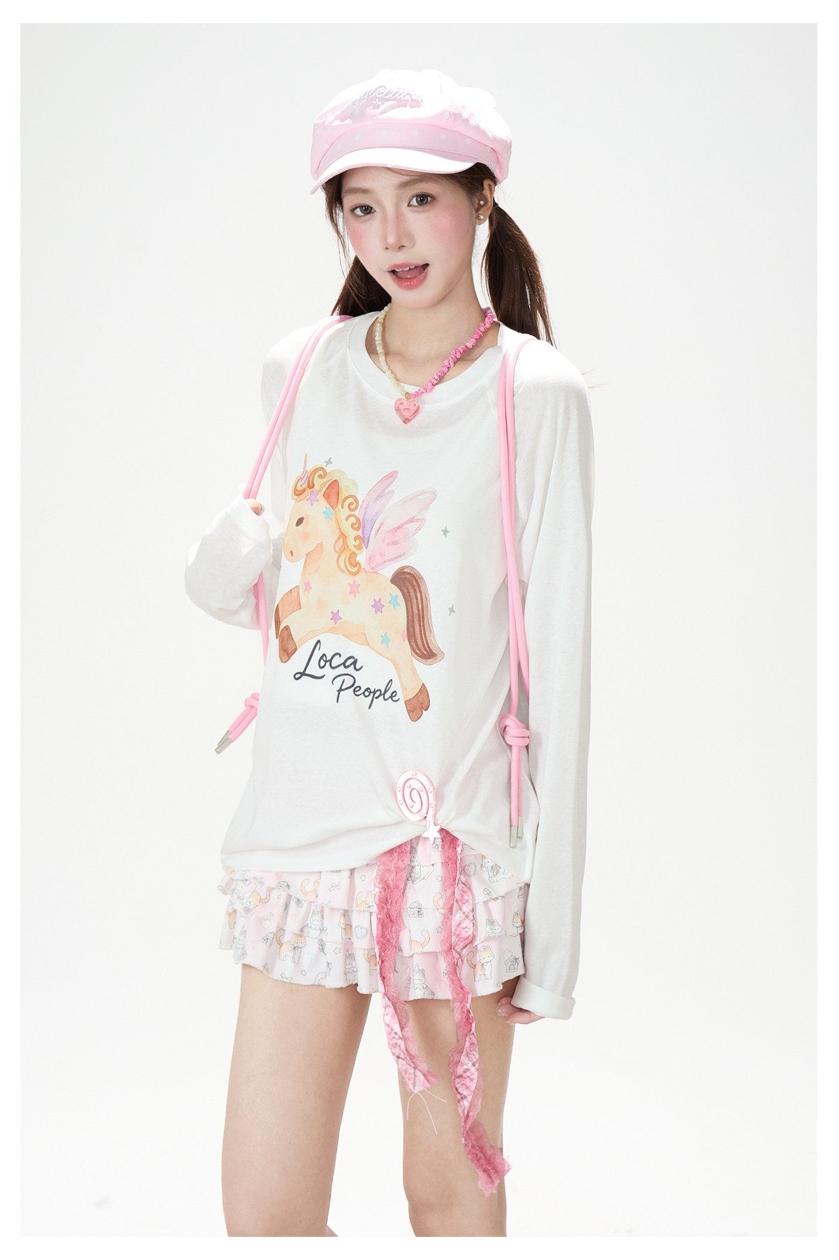 Winged Pony Graphic Long Sleeve Top & Cartoon Tiered Ruffle Mini Skirt