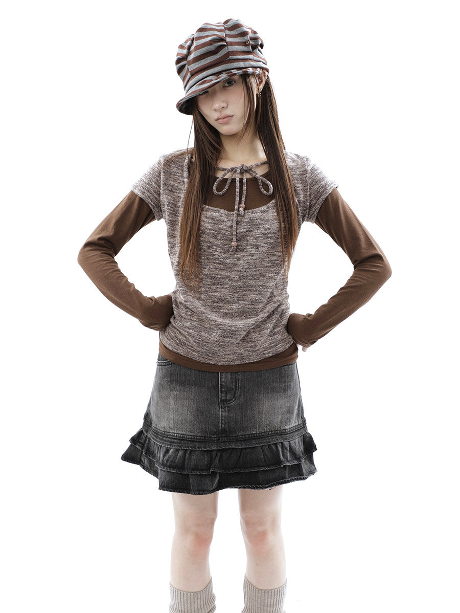 Tie-Front Textured Top & Long Sleeve Two-Piece Set