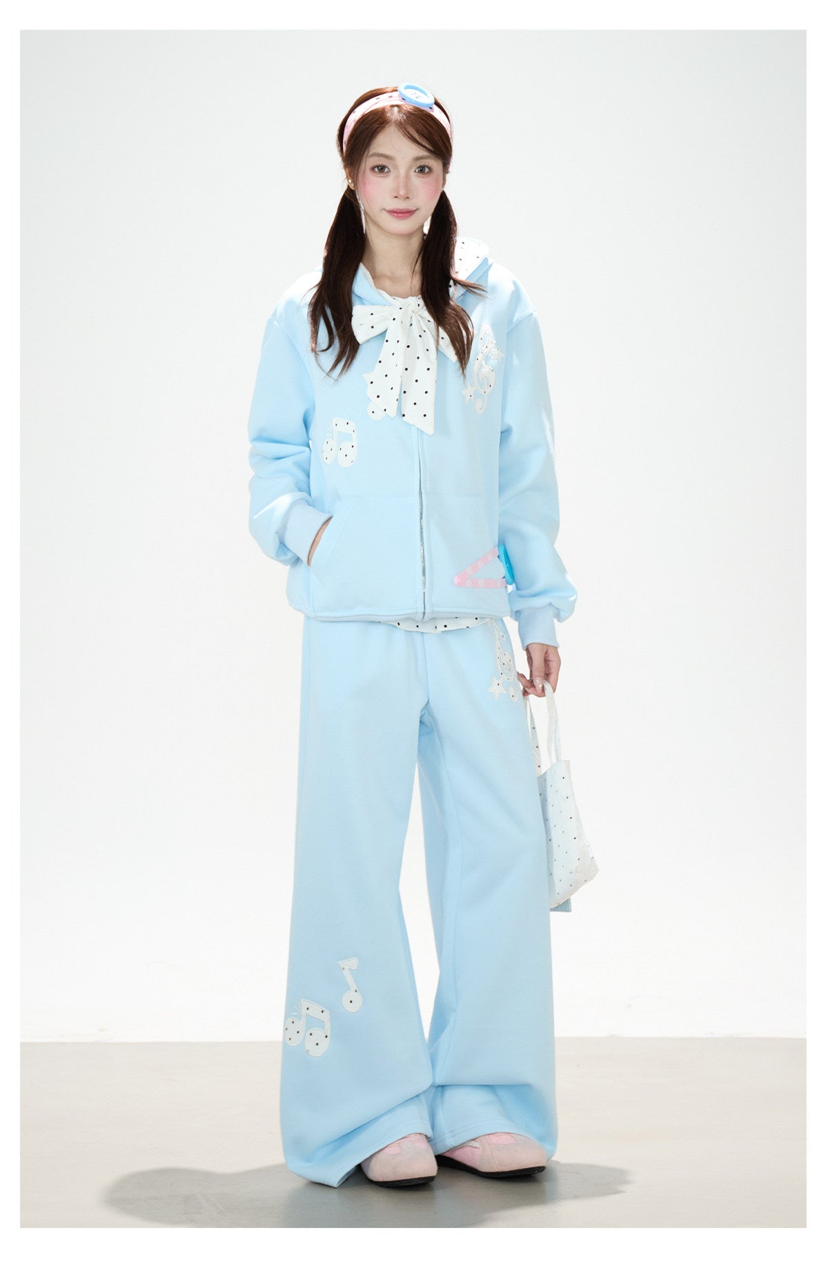 Music Note Polka-Dot Bow Zip-Up Hoodie & Gray Wide-Leg Pants