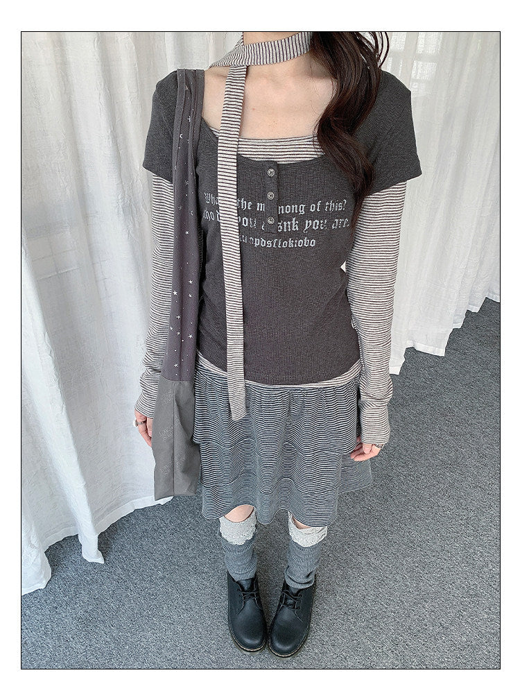 Graphic Layered Henley Long Sleeve Top with Neck Tie
