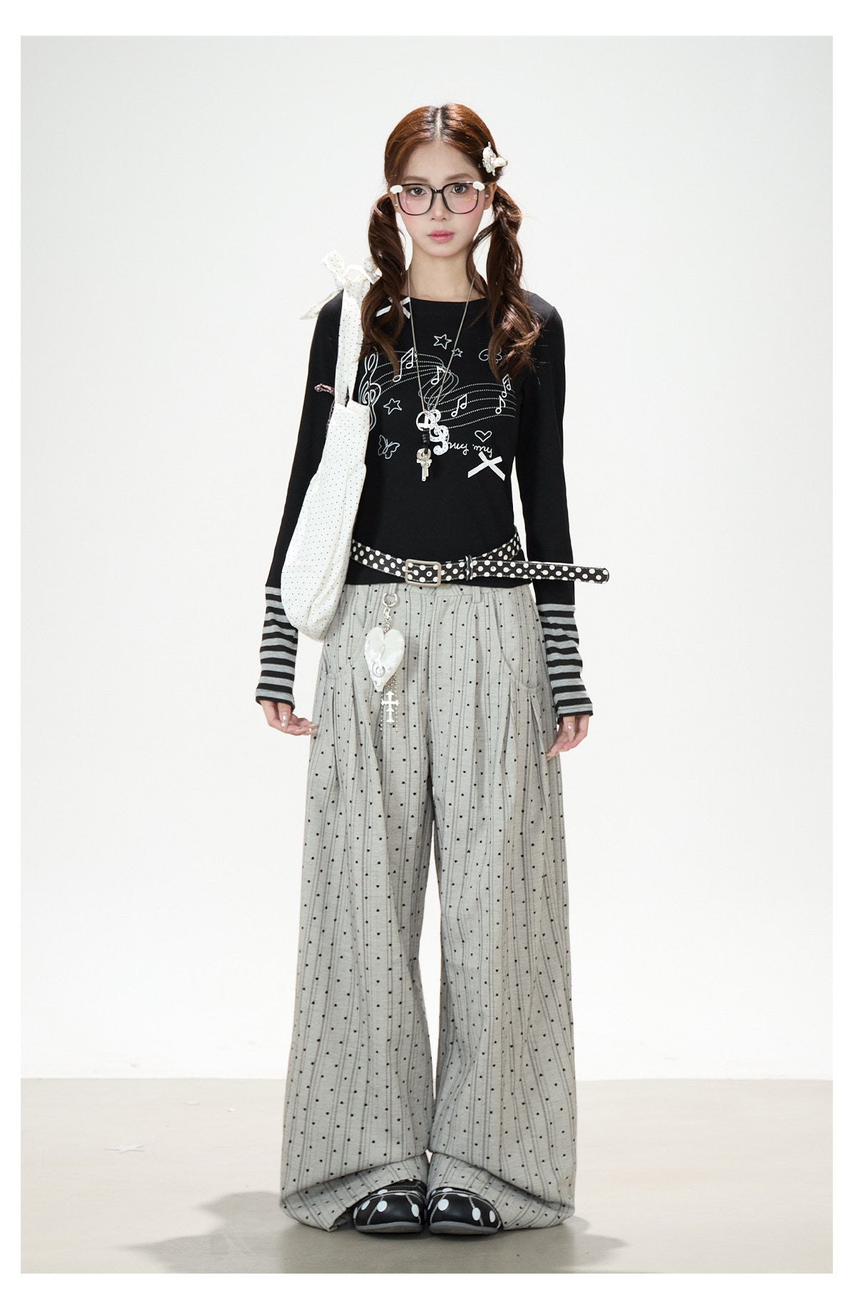Music Note Bow Stripe-Cuff Long Sleeve Top & Ruffle Overlay Wide-Leg Pants