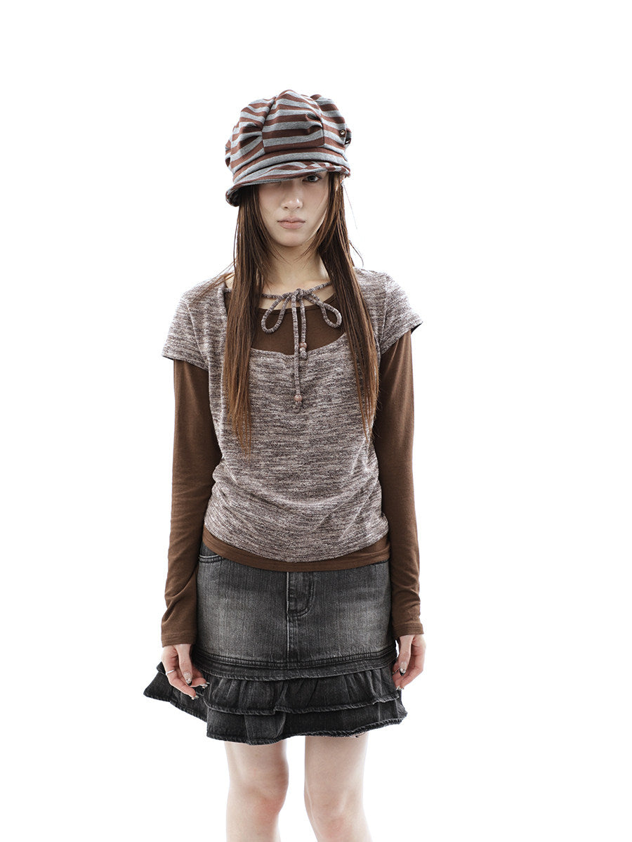 Tie-Front Textured Top & Long Sleeve Two-Piece Set