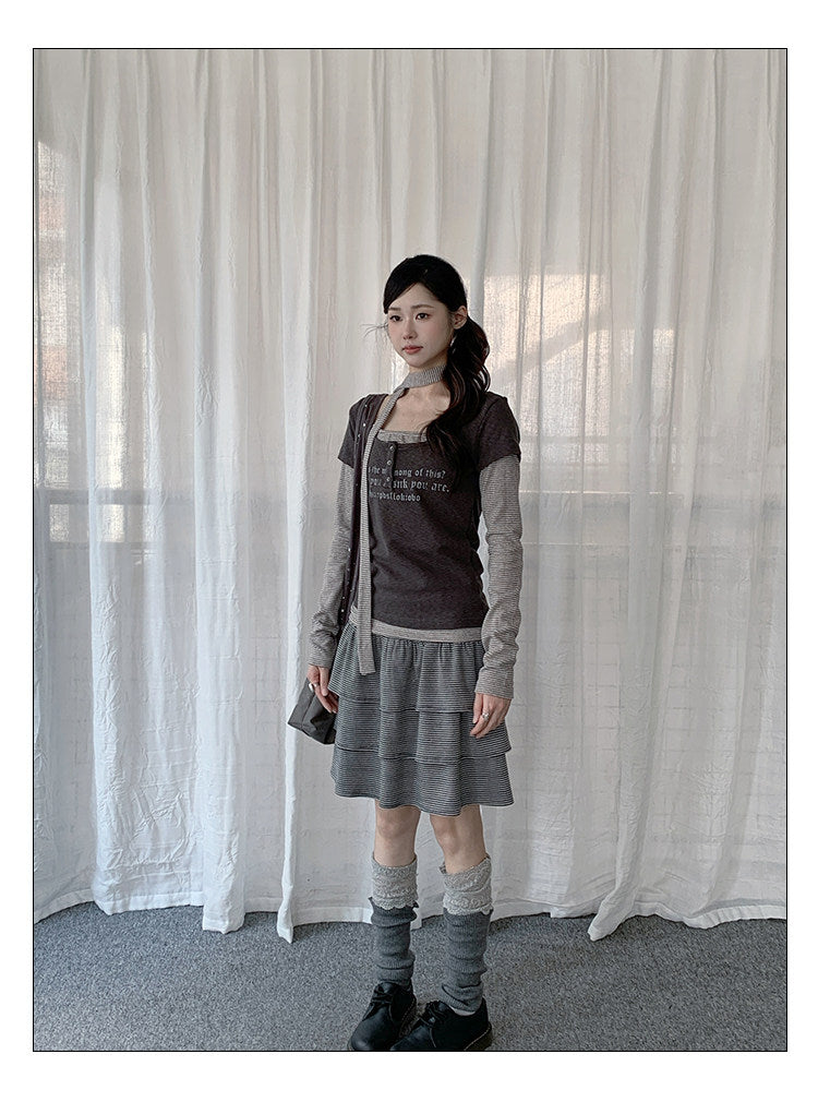 Graphic Layered Henley Long Sleeve Top with Neck Tie