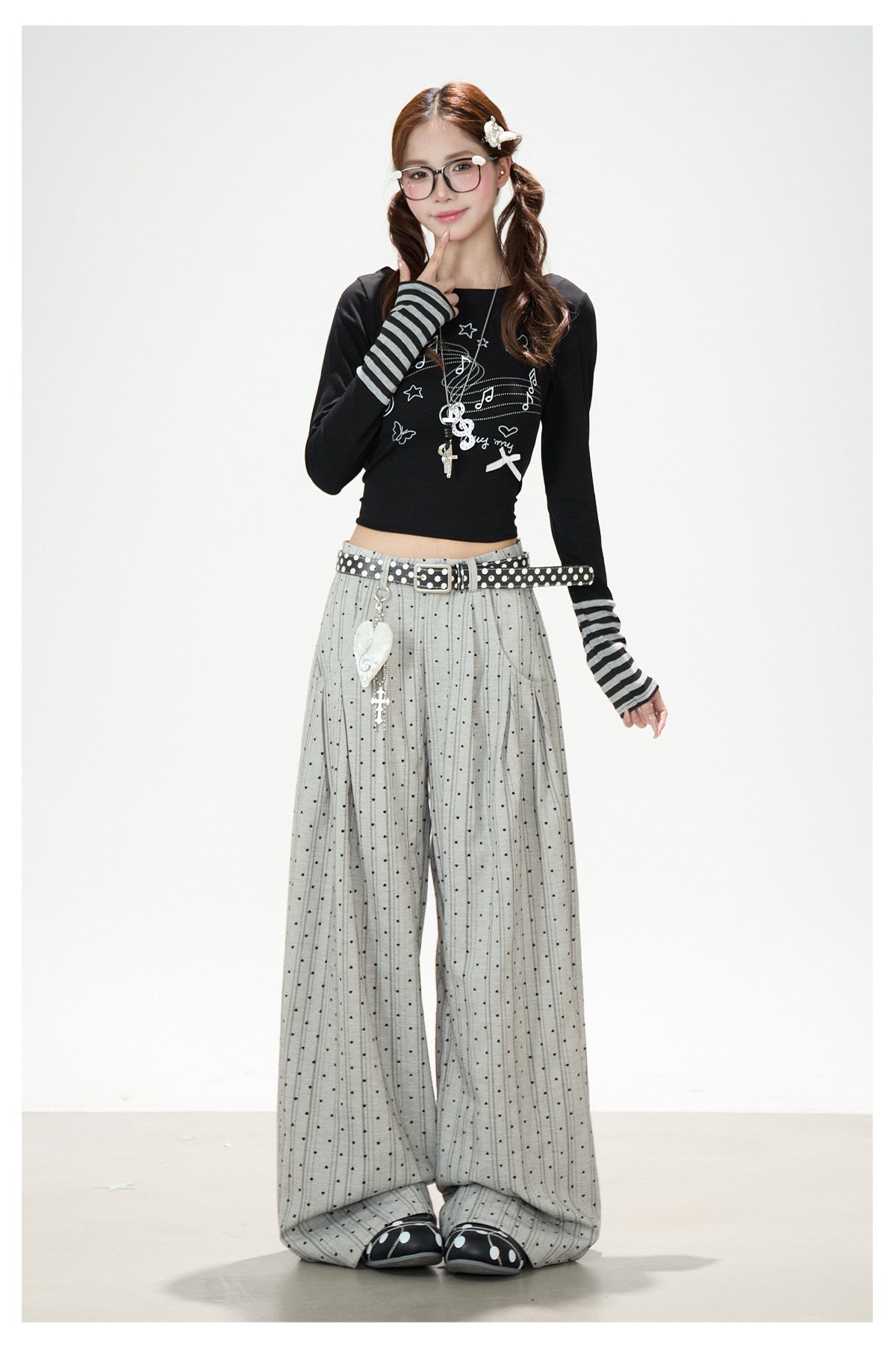 Music Note Bow Stripe-Cuff Long Sleeve Top & Ruffle Overlay Wide-Leg Pants