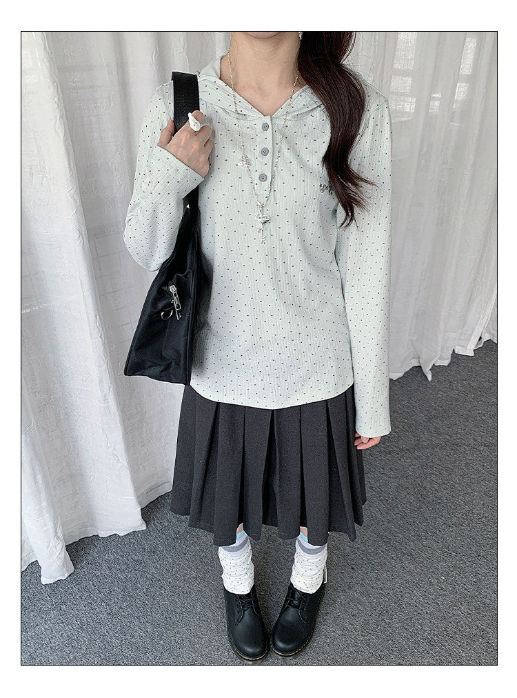 Polka Dot Henley Hooded Long Sleeve Top