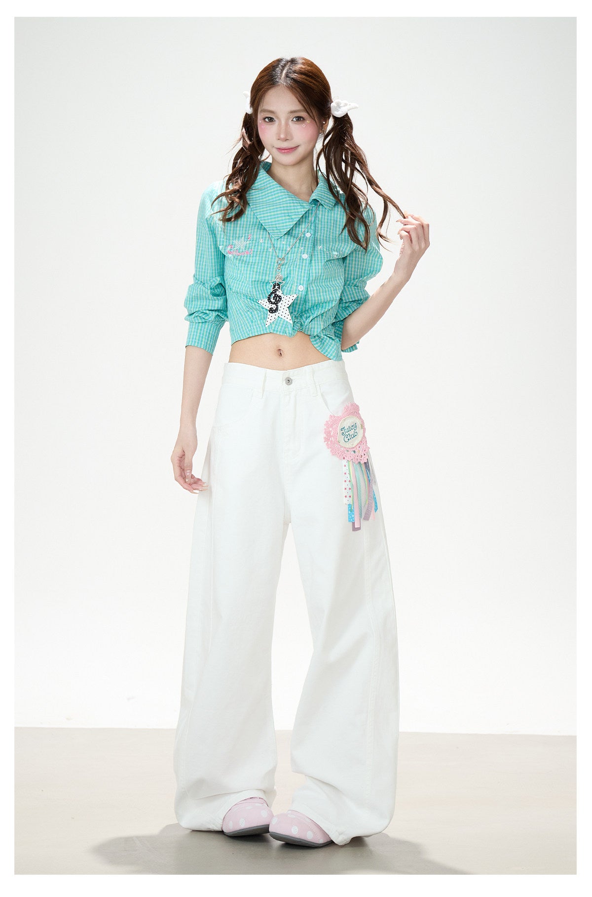 Green Check Fitted Shirt & White Wide-Leg Pants