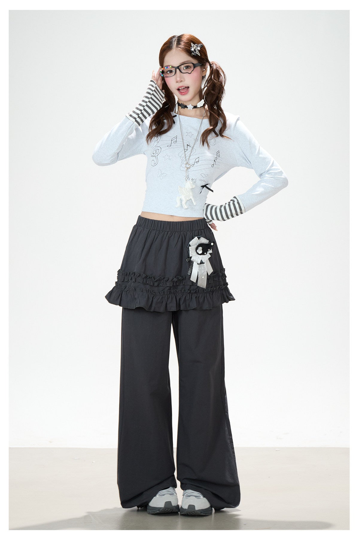 Music Note Bow Stripe-Cuff Long Sleeve Top & Ruffle Overlay Wide-Leg Pants