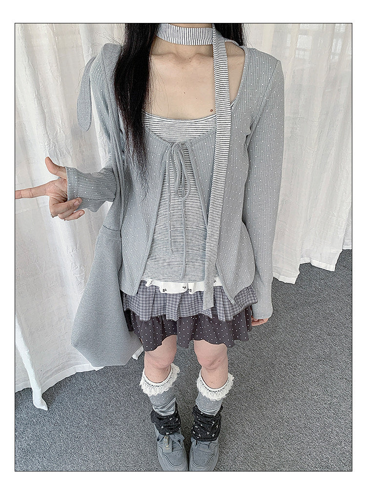 Polka Dot Tie-Front Layered Long Sleeve Top