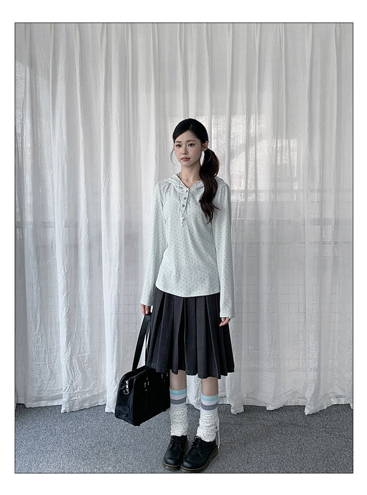 Polka Dot Henley Hooded Long Sleeve Top
