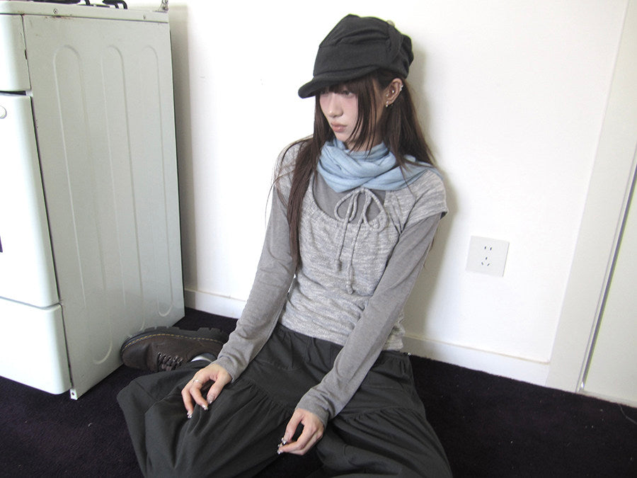 Tie-Front Textured Top & Long Sleeve Two-Piece Set