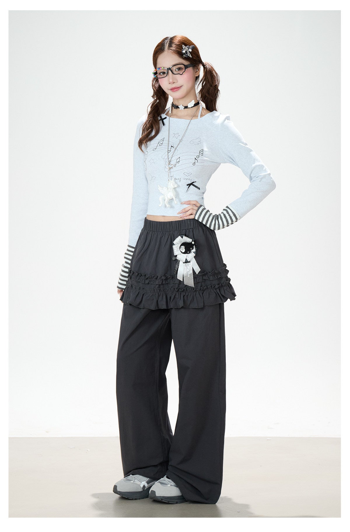 Music Note Bow Stripe-Cuff Long Sleeve Top & Ruffle Overlay Wide-Leg Pants