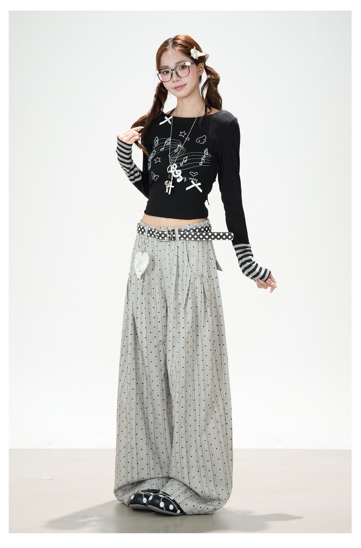 Music Note Bow Stripe-Cuff Long Sleeve Top & Ruffle Overlay Wide-Leg Pants