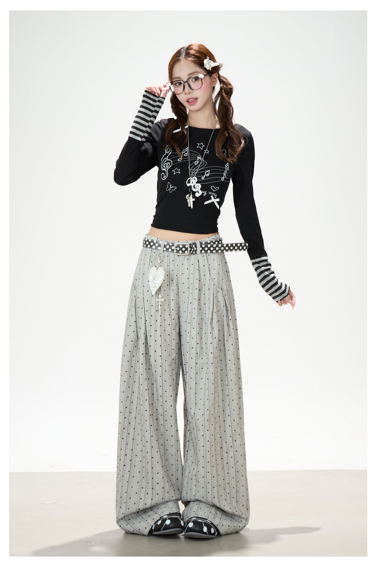 Music Note Bow Stripe-Cuff Long Sleeve Top & Ruffle Overlay Wide-Leg Pants
