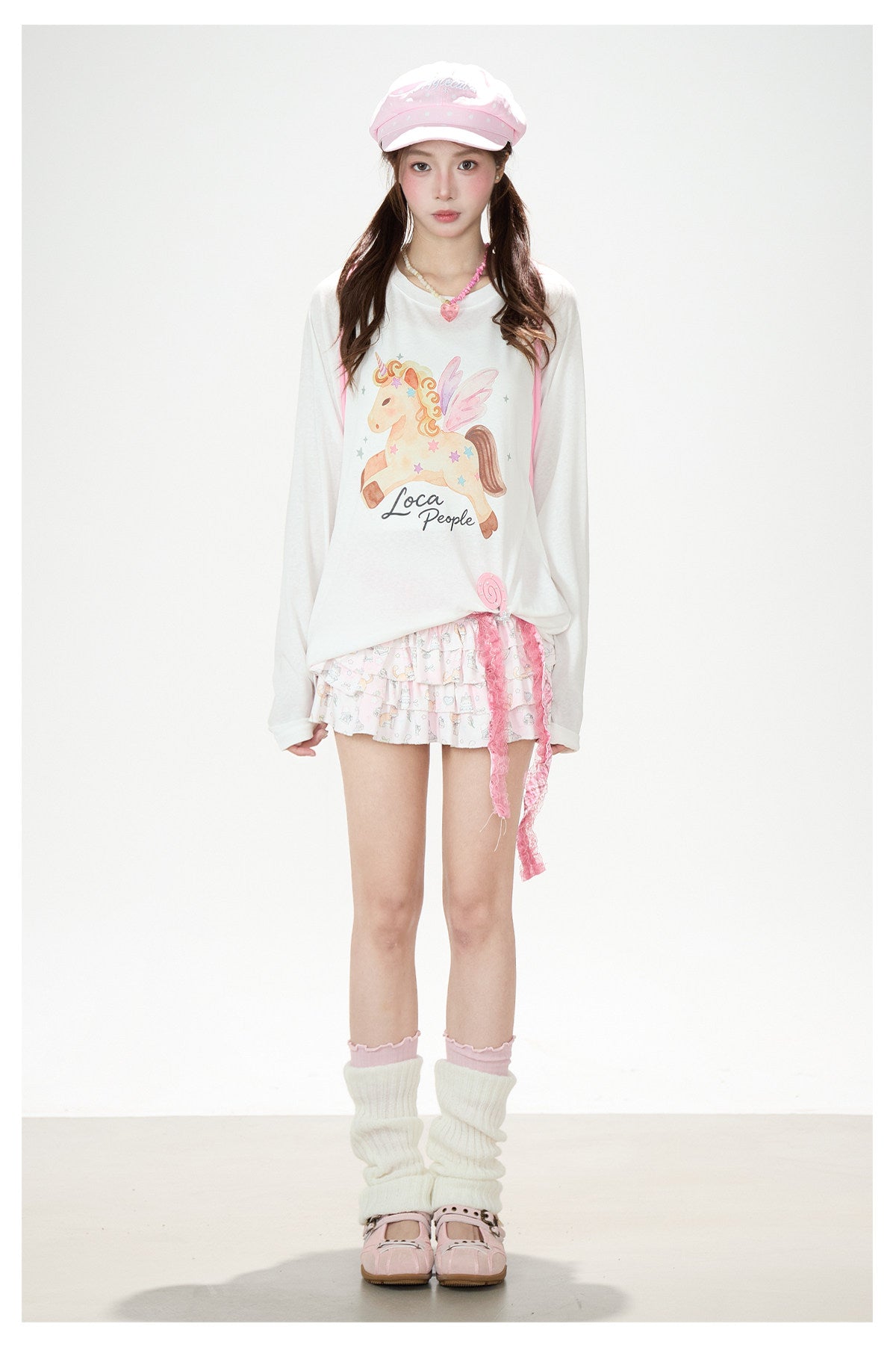 Winged Pony Graphic Long Sleeve Top & Cartoon Tiered Ruffle Mini Skirt