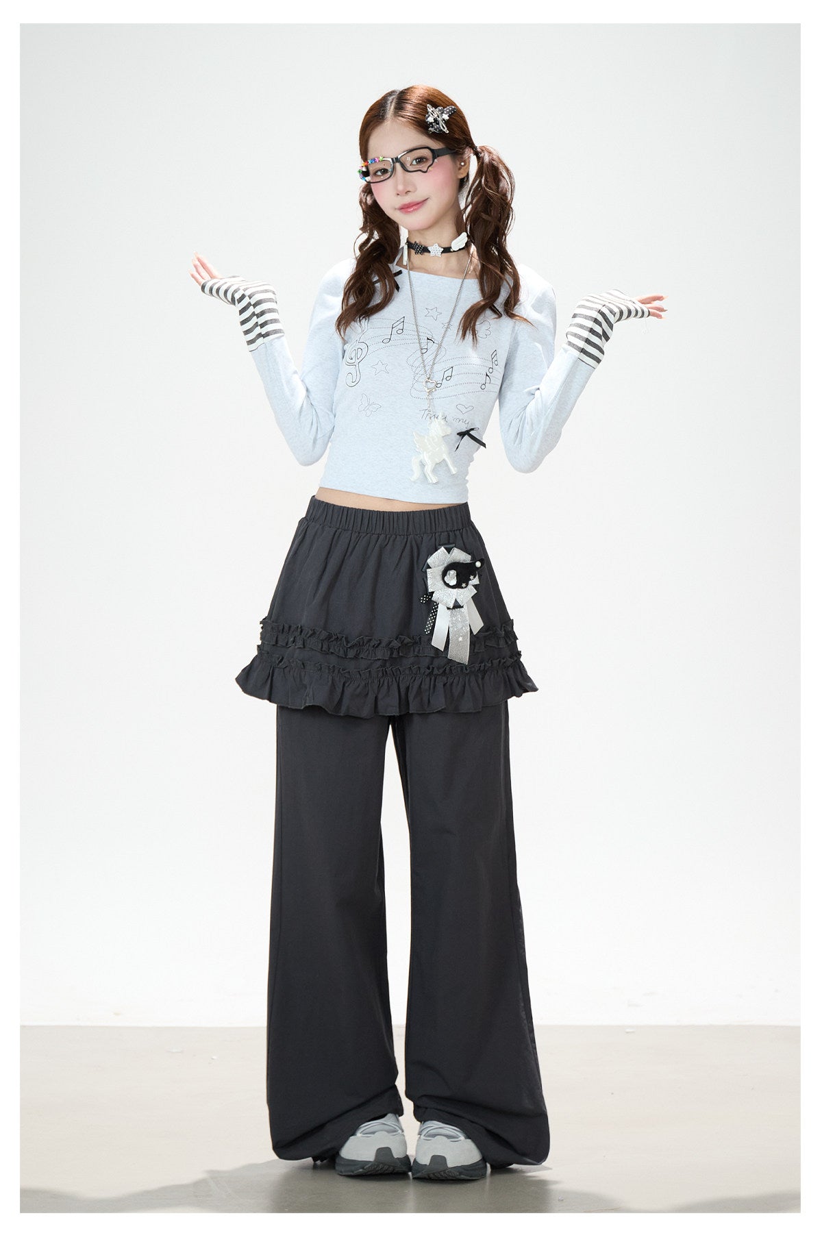 Music Note Bow Stripe-Cuff Long Sleeve Top & Ruffle Overlay Wide-Leg Pants