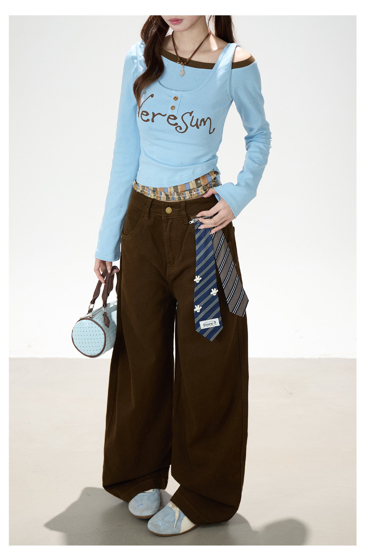 Letter Print Layered Long Sleeve Top & Star Patch Wide-Leg Jeans