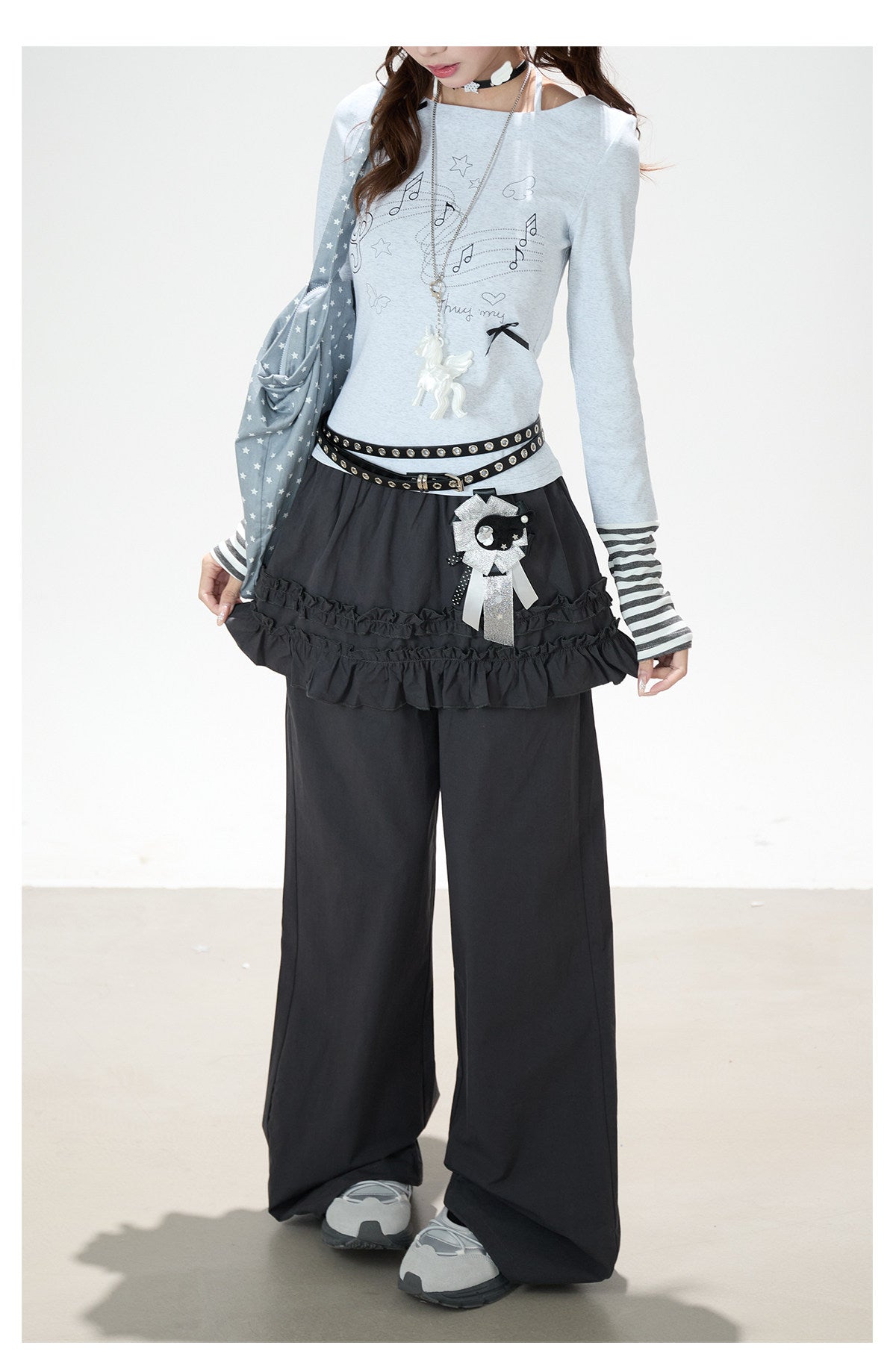 Music Note Bow Stripe-Cuff Long Sleeve Top & Ruffle Overlay Wide-Leg Pants