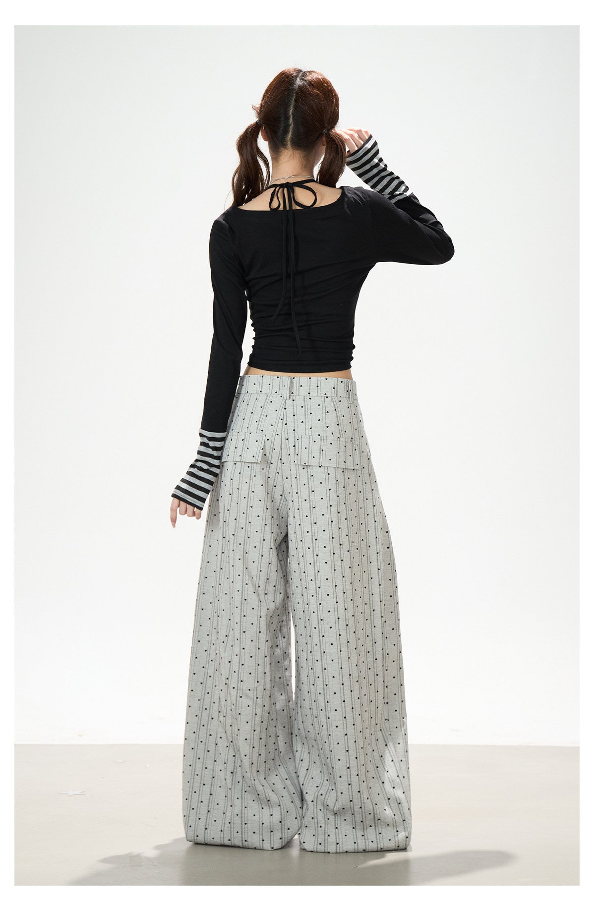 Music Note Bow Stripe-Cuff Long Sleeve Top & Ruffle Overlay Wide-Leg Pants