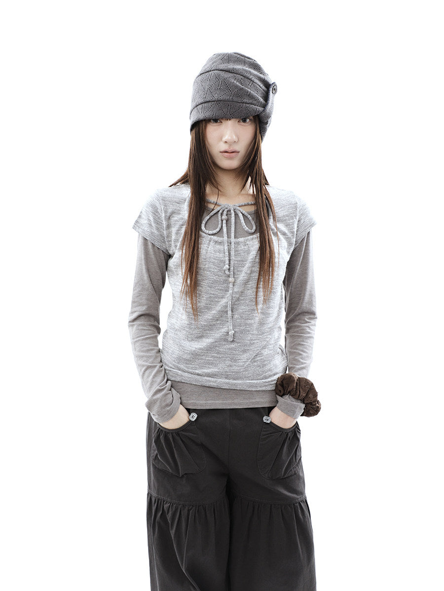 Tie-Front Textured Top & Long Sleeve Two-Piece Set
