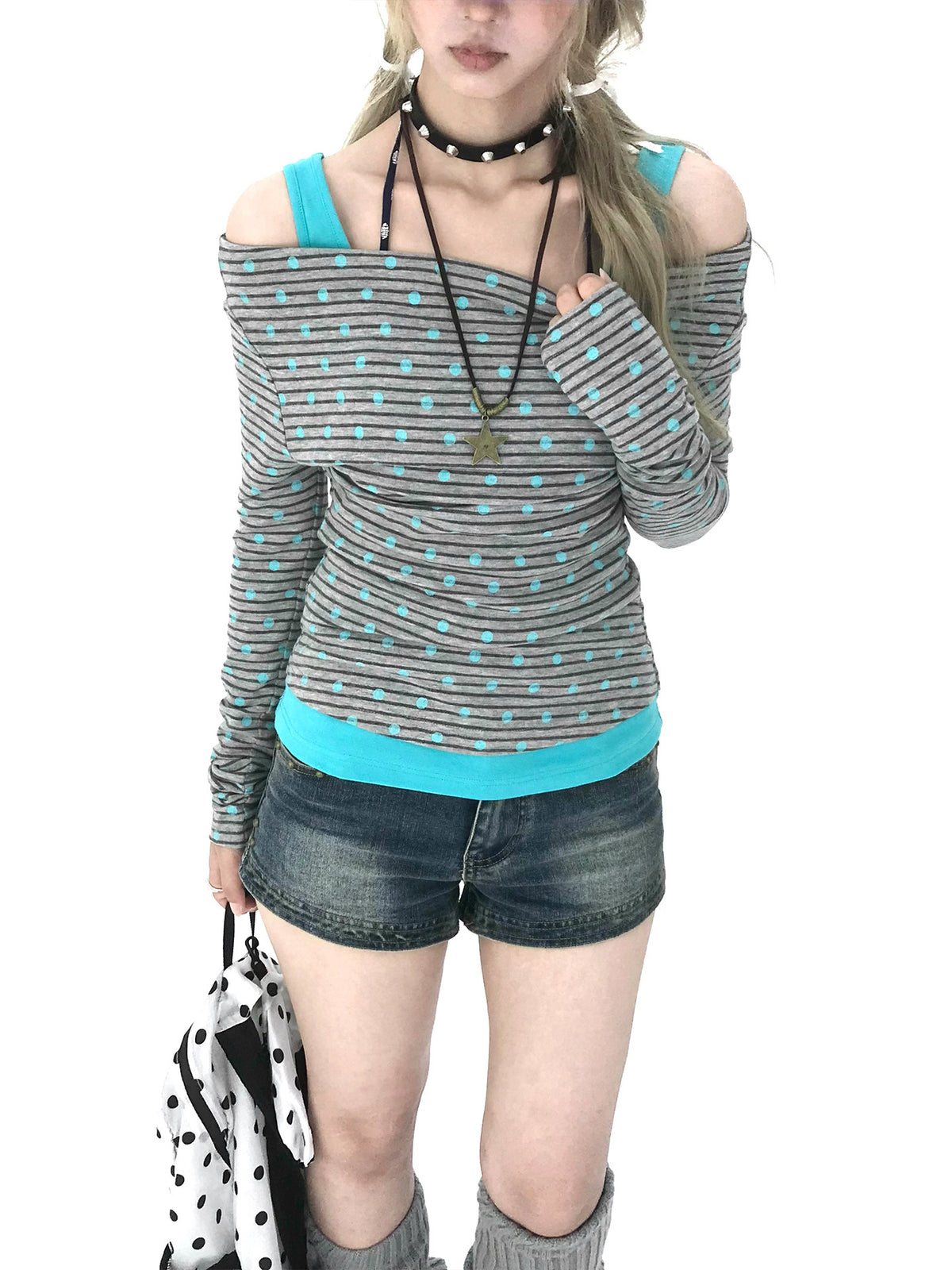 Polka Dot Asymmetric Layered Long Sleeve Top