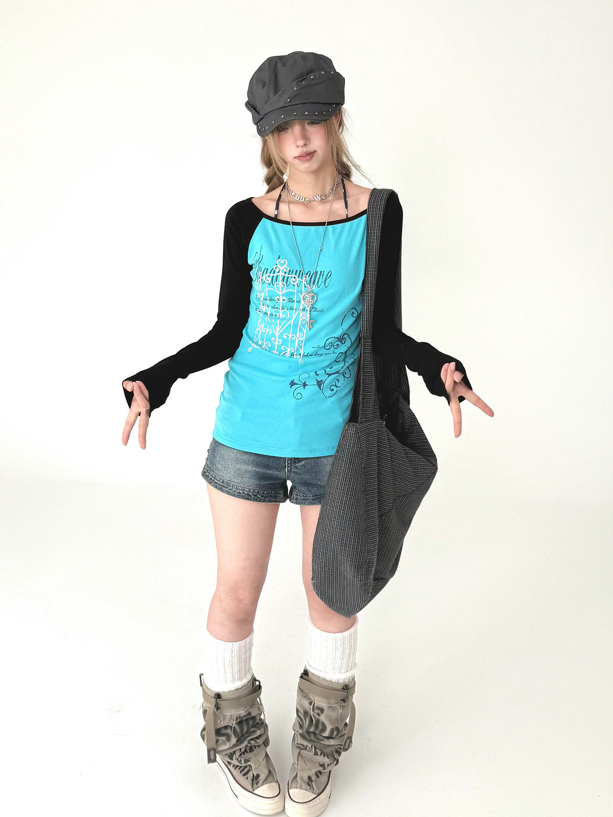 Aqua Contrast Graphic Raglan Long Sleeve Top