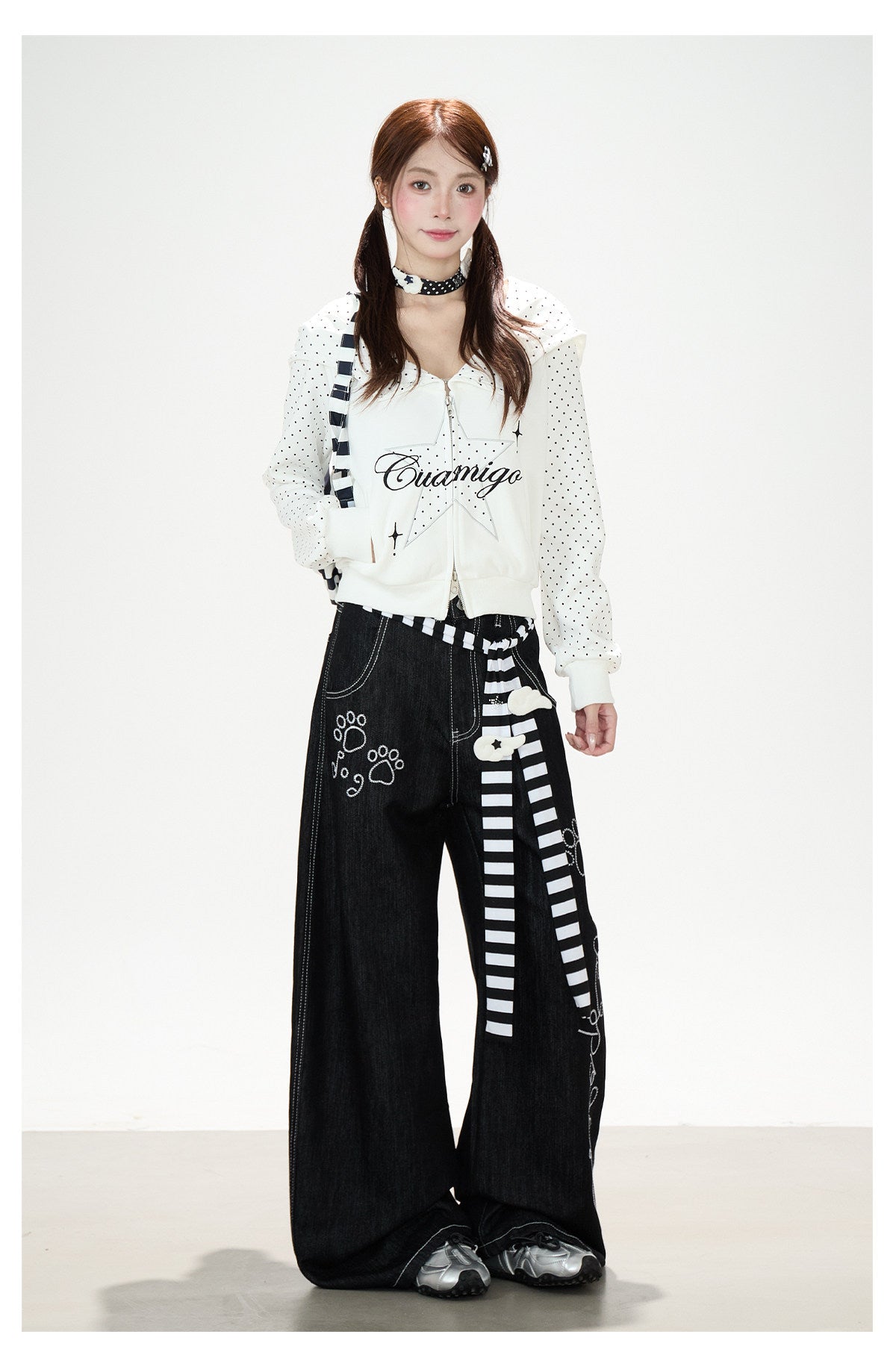 Star Polka-Dot Zip-Up Hoodie & Paw Print Wide-Leg Jeans