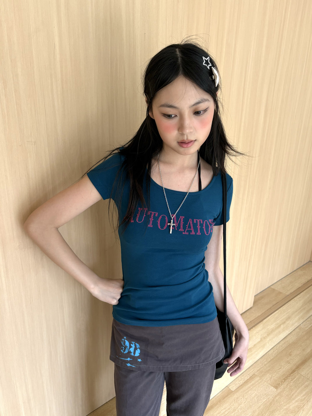 Dark Navy Rhinestone Letter Fitted Baby Tee
