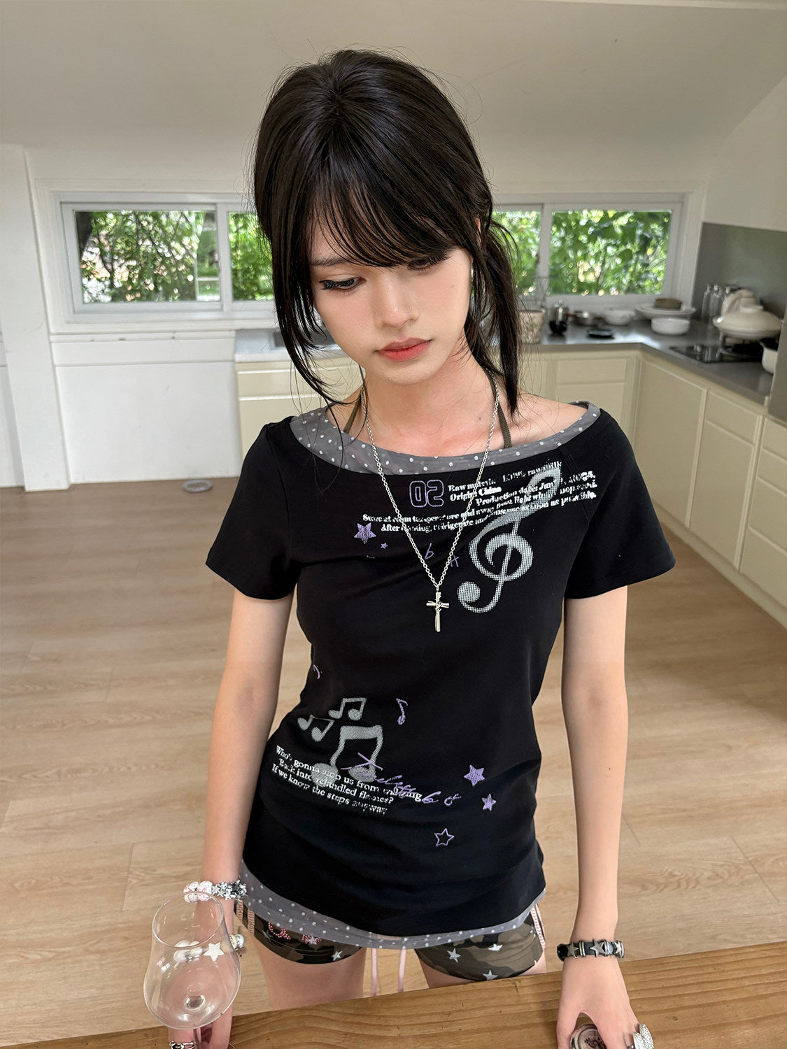 Asymmetric Music Note Faux-Layer Fitted Tee