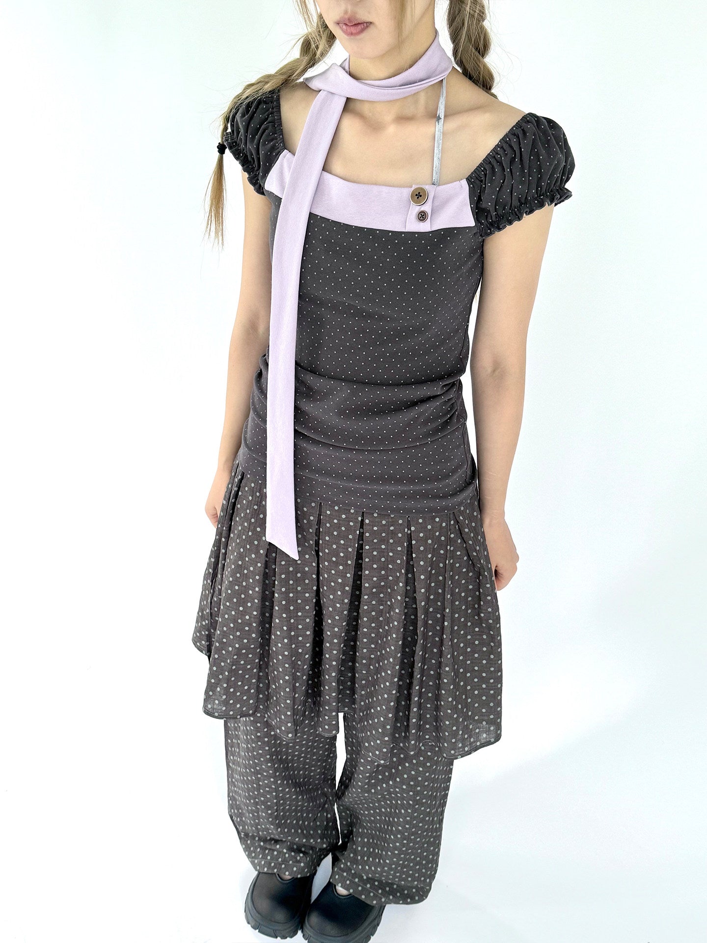 Lavender Bow Polka Dot Fitted Puff-Sleeve Top