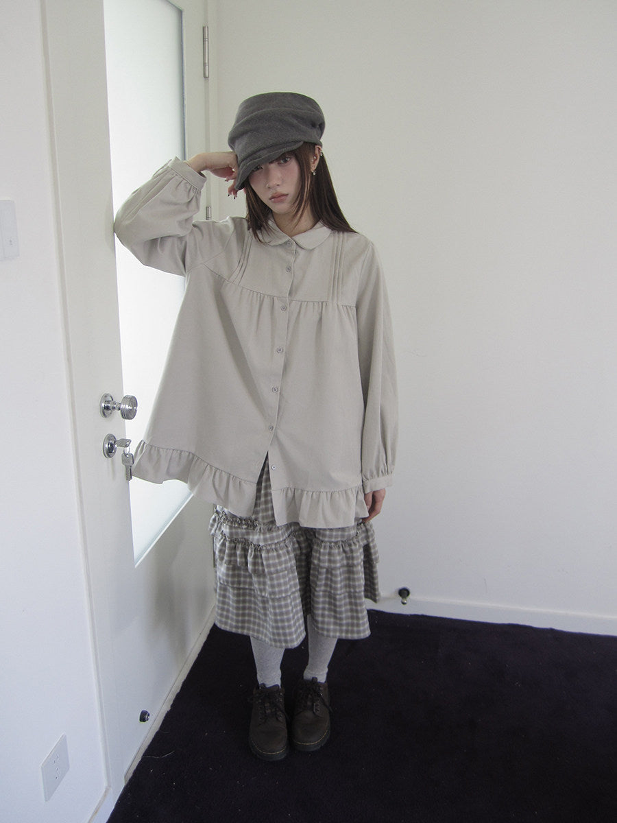 Pleated Ruffle Hem Button-Up Long Sleeve Blouse
