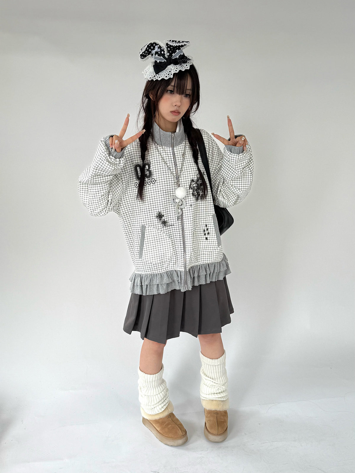 Sugar Check Graphic Ruffle-Hem Zip-Up Jacket