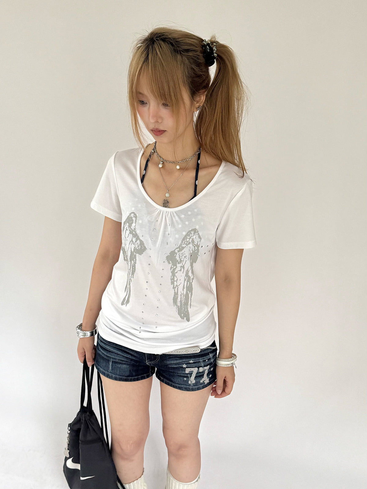 Angel Wing Rhinestone Ruched Tee