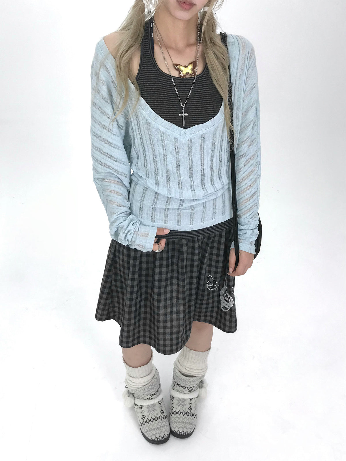 Icy Blue Striped Halter-Layered Long Sleeve Top