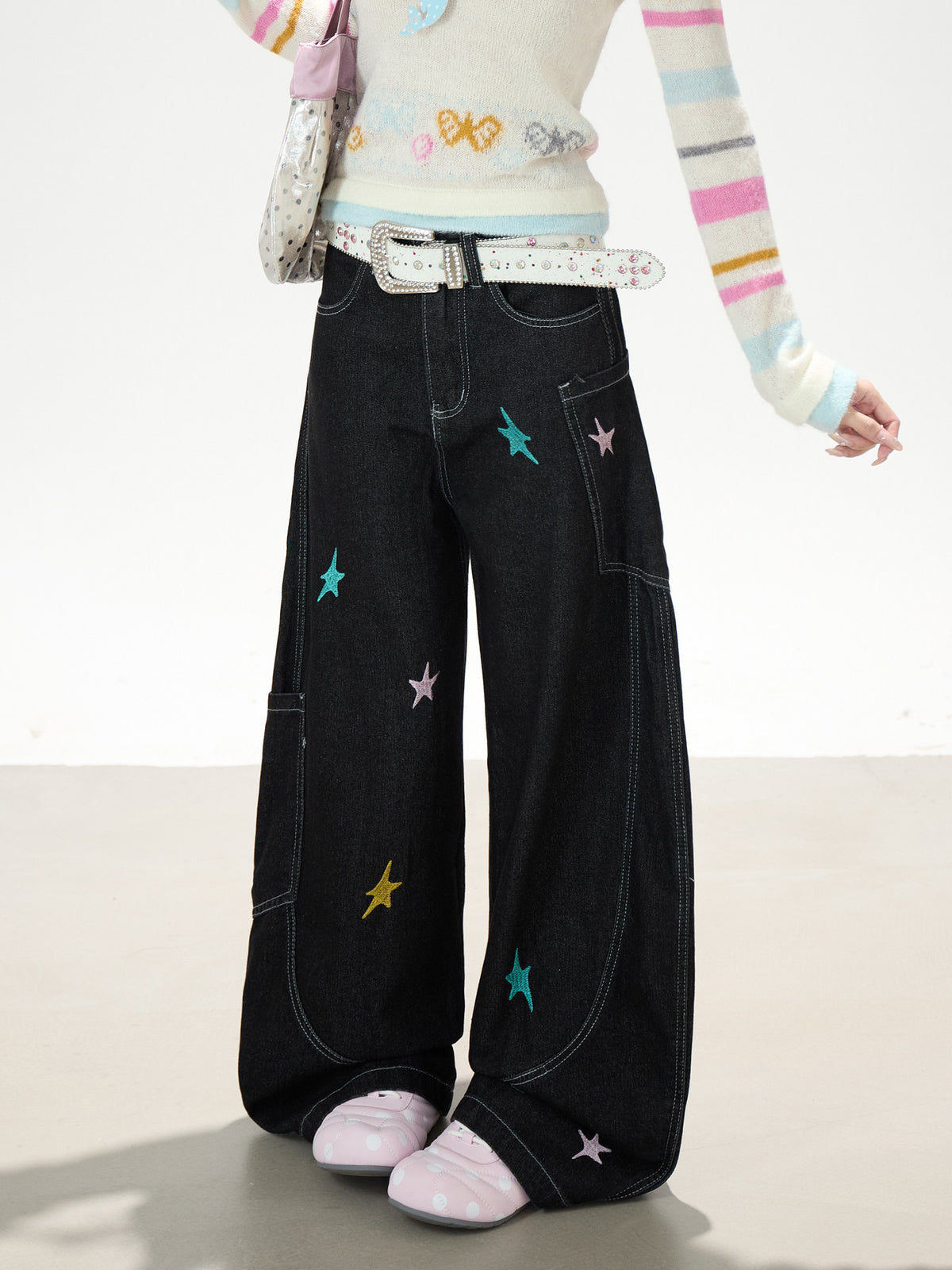 Star Embroidered Deconstructed Wide-Leg Cargo Jeans