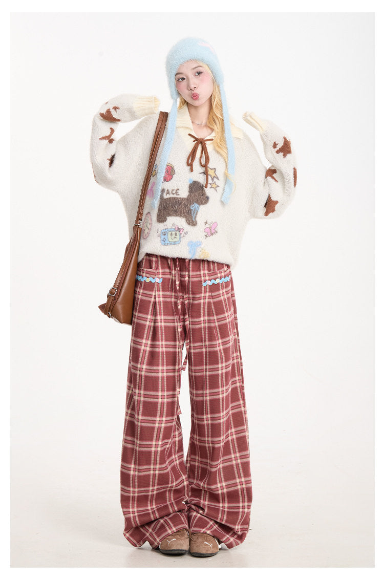 Puppy Graphic Bow-Collar Oversized Knit Sweater